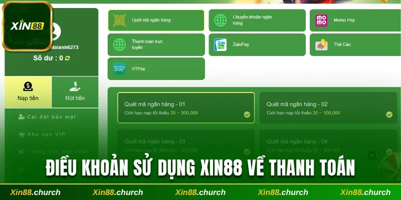 Điều khoản sử dụng Xin88 về thanh toán