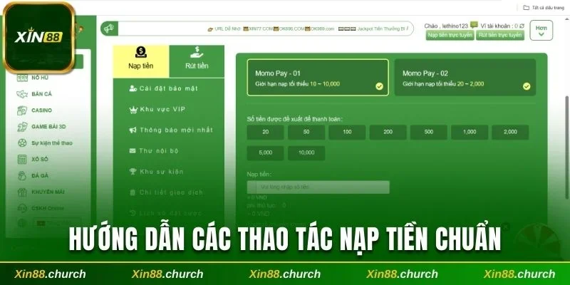 Hướng dẫn các thao tác nạp tiền chuẩn